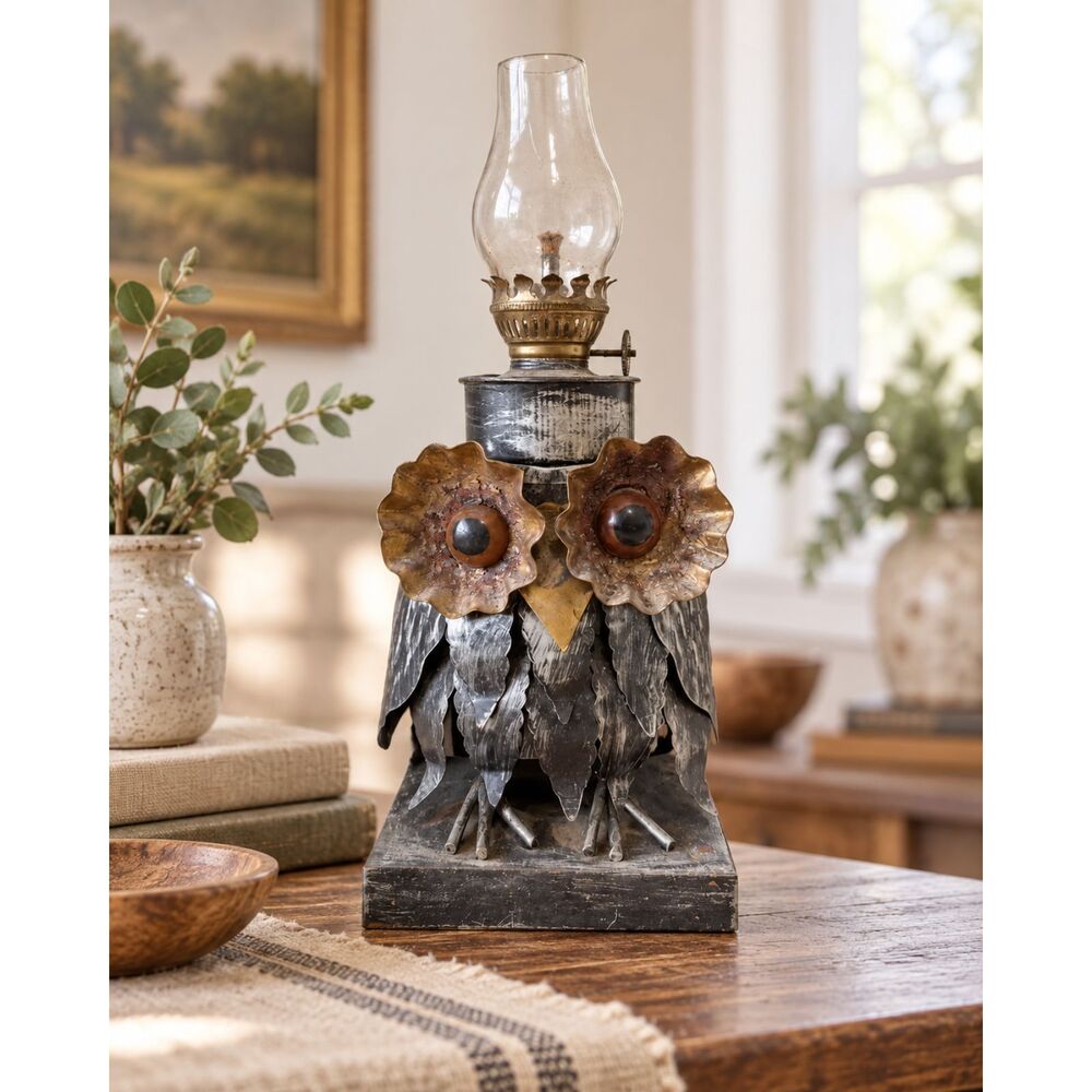 Vintage Metal Owl Oil Lamp Rustic Folk Tramp Art Lantern Handmade Primitive
